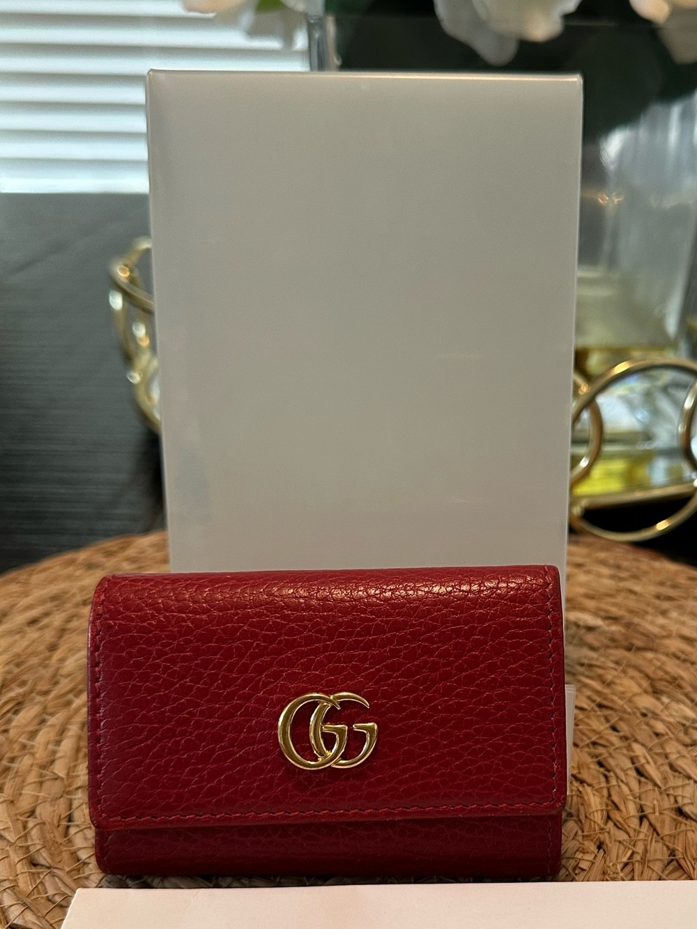 Gucci Burgundy Pebbled Leather Key Case with Gold Double G